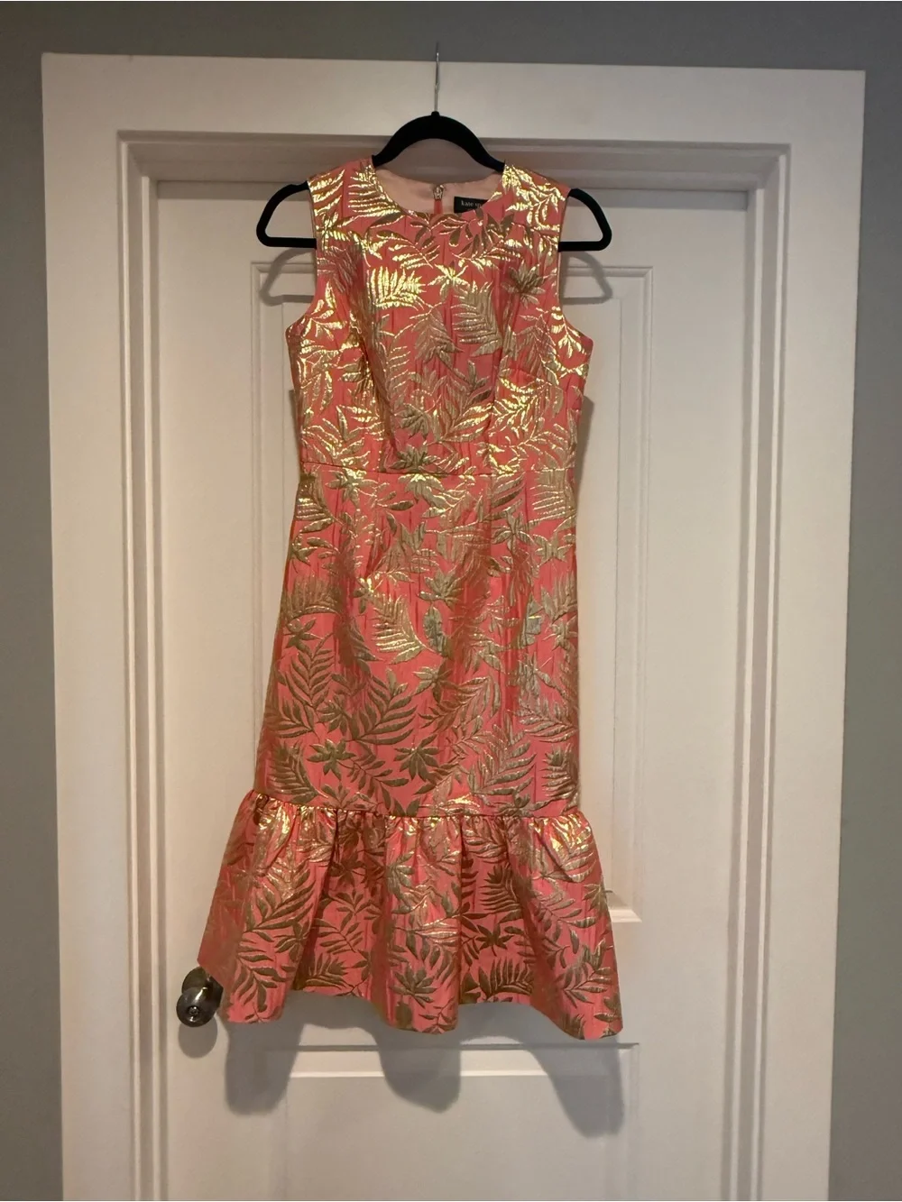 kate spade Coral Metallic Leaf-Print Flounce-Hem Midi Dress - NWT Size 2